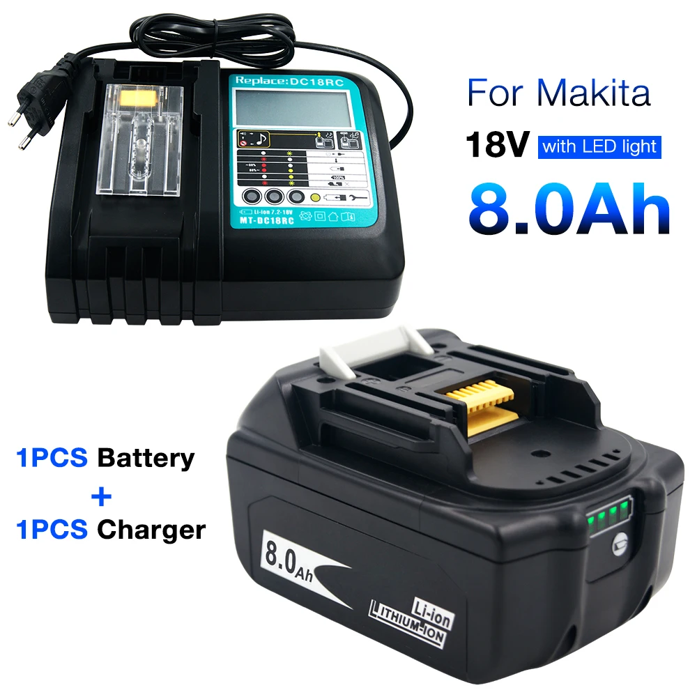 

Set of Battery+Charger ) BL1880 8.0Ah Li ion battery for Makita 18v BL1860 BL1850 BL1830 + DC18RC Charger for Makita 14.4V-18V