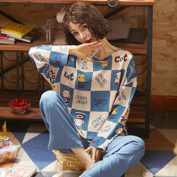 

Autumn Cotton Cartoon Pajamas Set Women Pyjamas Sleepwear Loose Long sleeve Pijama Mujer Home Clothes Long Pants Night suit 2pcs