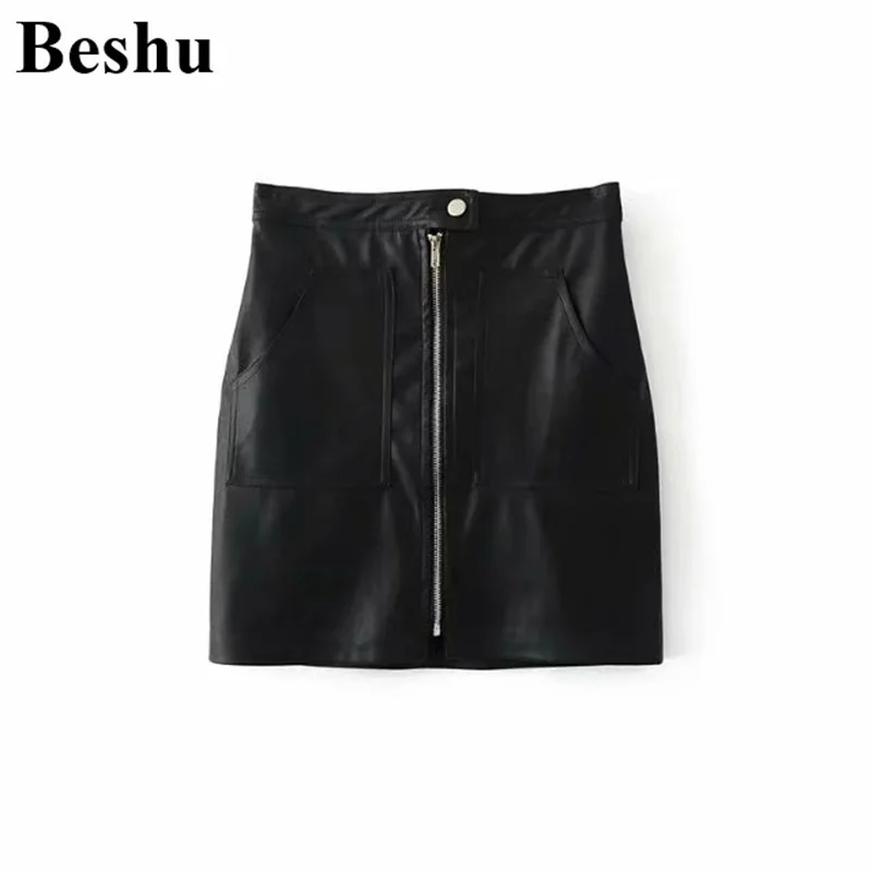 Za Модные Повседневные мини-юбки женские черные зеленые прямые юбки из искусственной кожи Элегантные винтажные платья на молнии с карманами