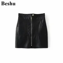 Za Модные Повседневные мини-юбки женские черные зеленые прямые юбки из искусственной кожи Элегантные винтажные платья на молнии с карманами