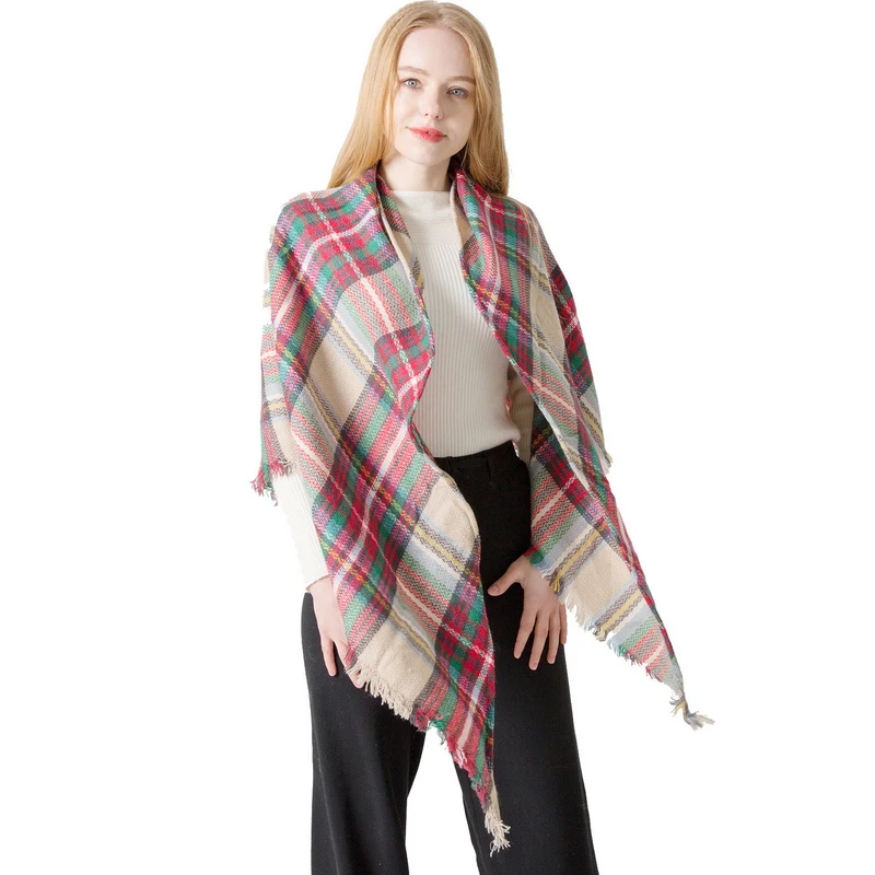 

European and American seven color Plaid square cashmere scarf Women Red triangle Bib shawl Cheap Price