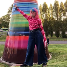 

Retro Rainbow Love Heart Women Sweaters Fashion Color Matching Half High Collar Thick Pullovers Spring Autumn Pink Slim Jumpers