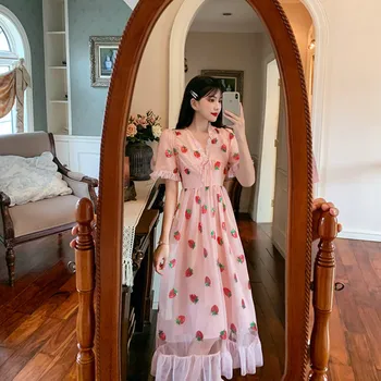 

New Women Big Size Strawberry Pattern Dress V-Neck Mesh Falbala Bandage Patchwork Long Dress Maid Cute Girls Dress Summer Female