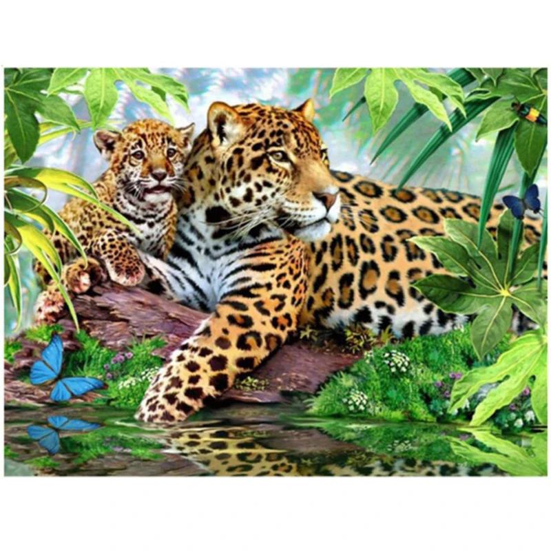 5D Diy Diamond Painting Cross Stitch Leopard Mom Baby Full Round Drill Embroidery Needlework Sewing Art Crafts | Дом и сад