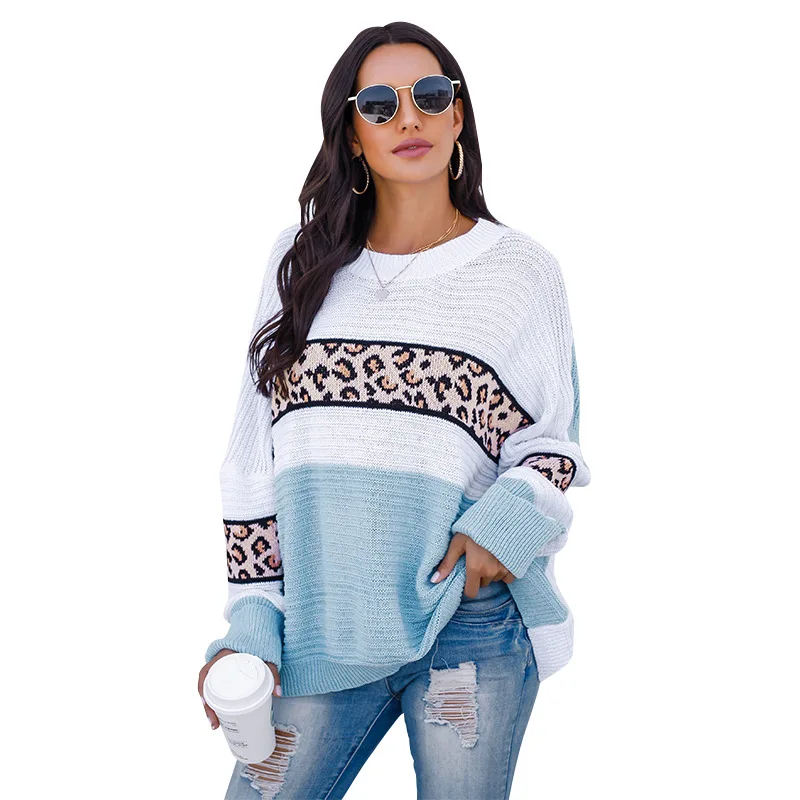 

Leopard Patchwork Pullover Womens Sweaters Loose Fashion Knitted Lounge Wear 2021 Spring Autumn Ladies Clothes Round Neck Multi