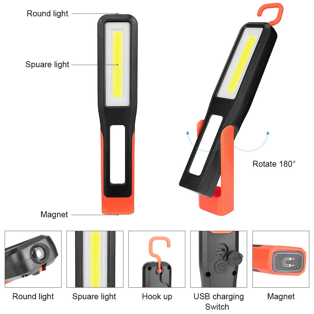 COB LED рабочий инспекционный фонарь фонарик USB зарядка поворотный крюк Магнитный