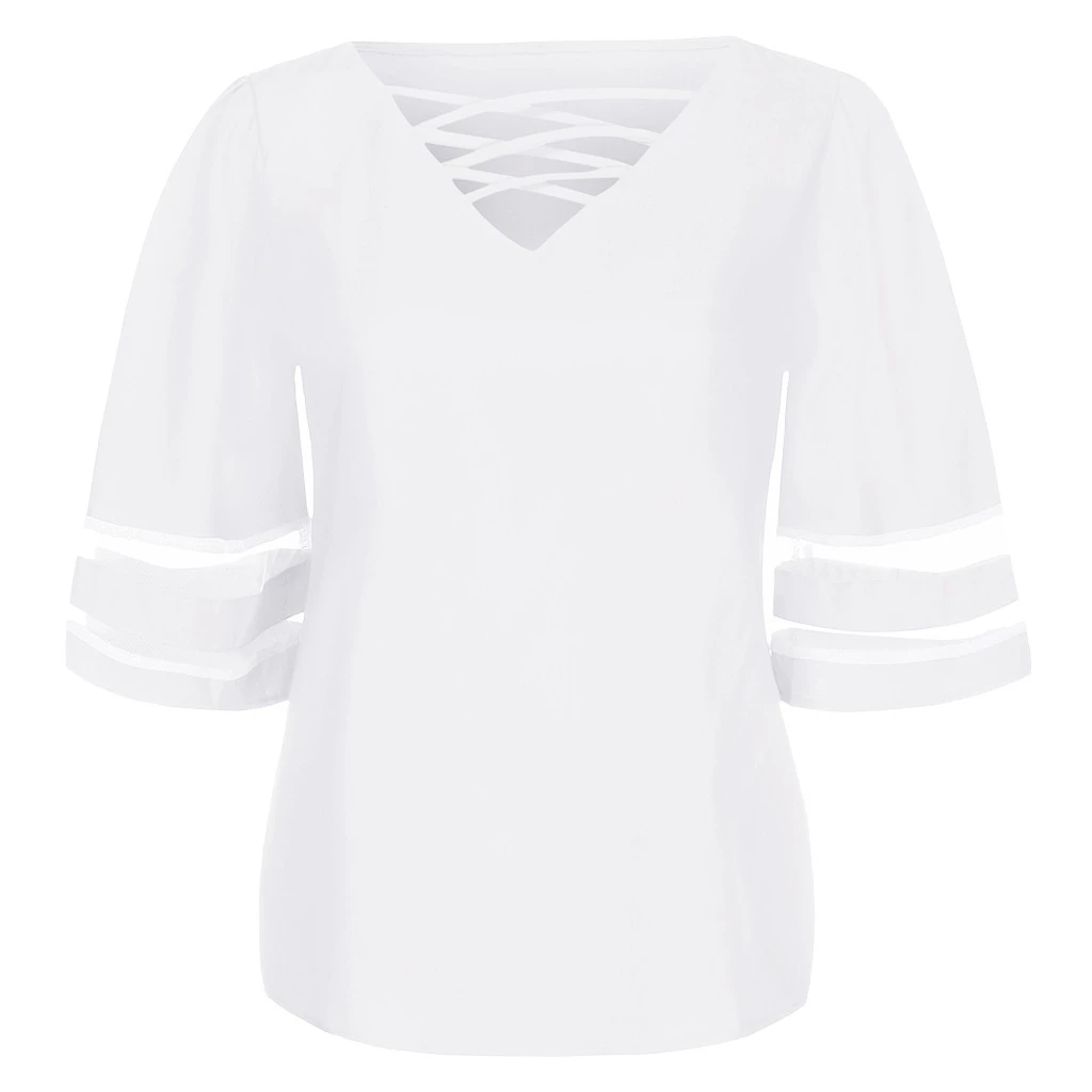 JAYCOSIN Fashion Loose Blouse Female V Neck Mesh Panel Blouses 3/4 Bell Sleeve Casual Loose Blouse Patchwork Ladies Girls 802