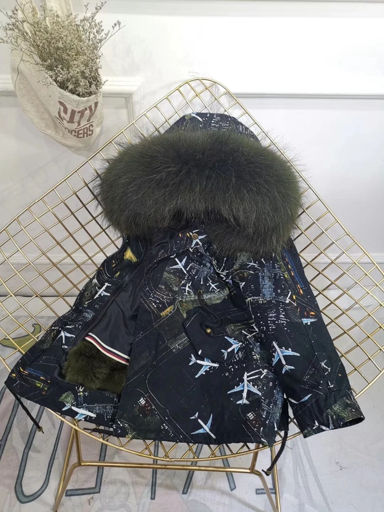 Children Winter Jacket Graffiti Boys Girls Real Fur Coat Thick Warm Rabbit Fur Kids Jacket Coat Furry Natural Fur Collar TZ428