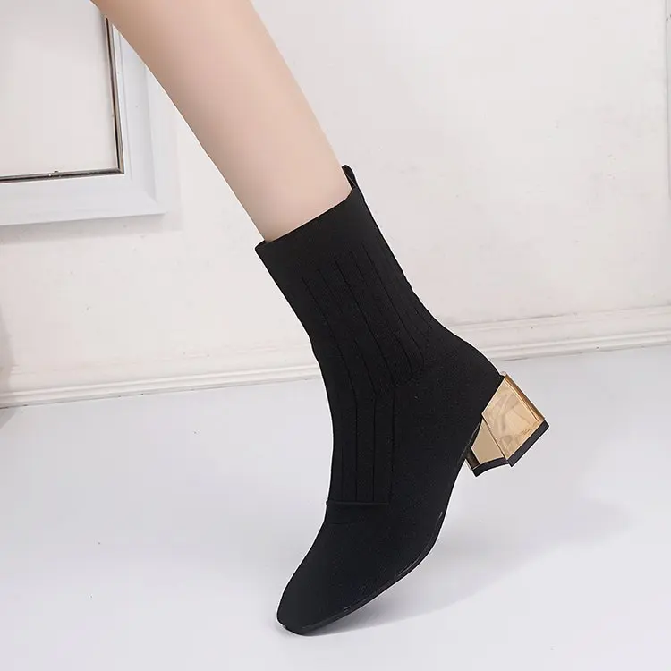 Черные, бежевые сапоги до середины икры на металлическом каблуке из эластичной ткани женская зимняя обувь элегантные дамские носки модные короткие ботинки