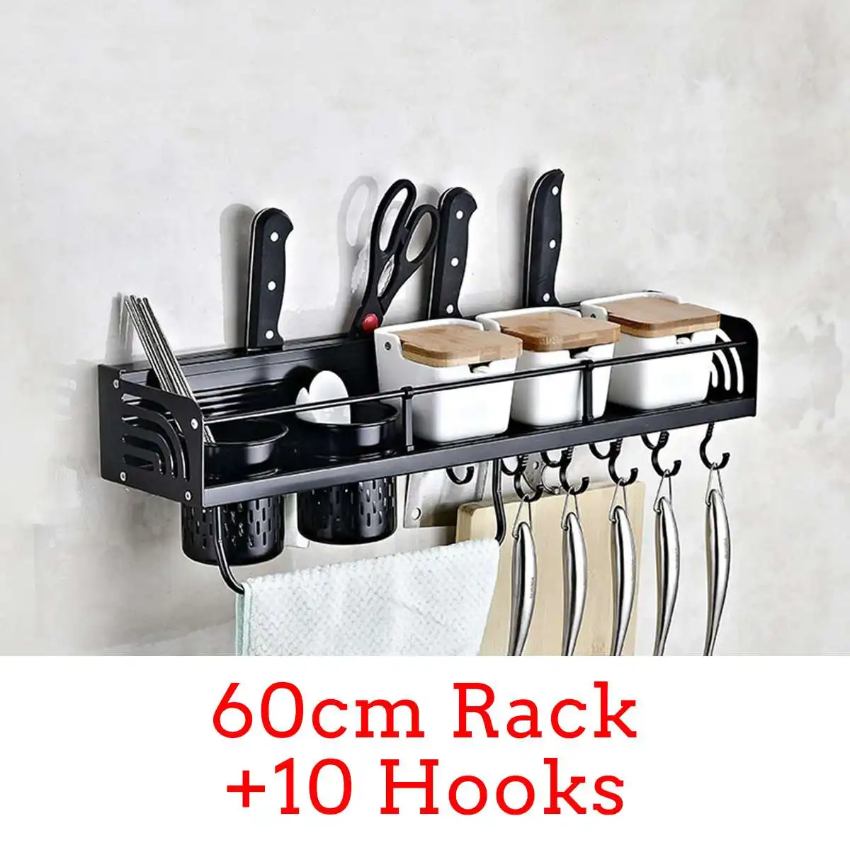60cm Rack 10 Hooks Настенный стеллаж для кастрюль, многофункциональная кухонная книжная полка, стеллаж для хранения бутылок, столовые приборы Caddy, блоки для столовых приборов - Цвет: 60cm Rack 10 Hooks