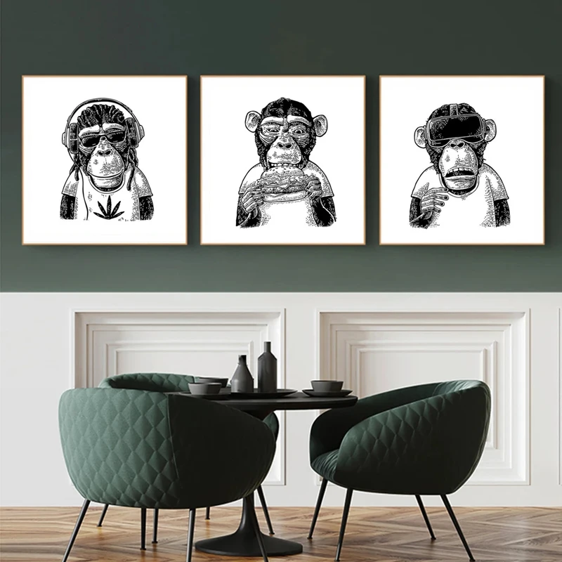 Funny Monkey With Earphone Cartoon Animal art Poster Decoration Painting Black and White Wall Nordic Home | Дом и сад