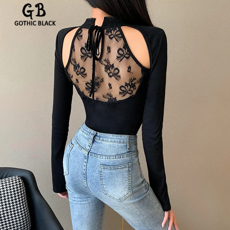 Gothblack Camiseta ajustada de manga larga para mujer, blusa con espalda gótica, combinación de encaje, Top corto informal para mujer, Tops de fiesta|Camisetas| - AliExpress