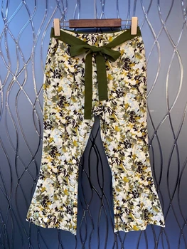 

2020 Spring and Summer New Women's Lace-up Knotted Waist Hugging Decorative Printing All-match Casual Pants 612