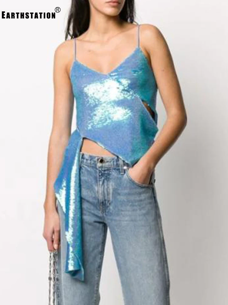 Free shipping Heavy industry Discoloration Sequins Sexy Leaky shoulders Irregular Sling Vest Ladies Summer New Personality Wild | Женская
