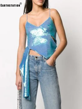 

Free shipping Heavy industry Discoloration Sequins Sexy Leaky shoulders Irregular Sling Vest Ladies Summer New Personality Wild