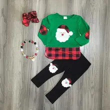 Одежда для маленьких девочек, рождественские наряды для девочек, зеленая рубашка Санта-Клауса с черными штанами, наряды для девочек с аксессуарами