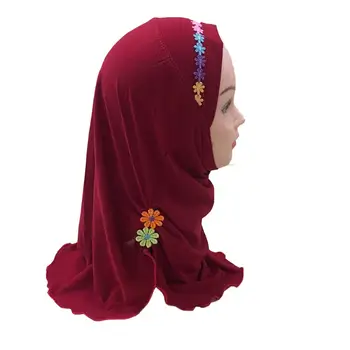 

Sew Embroidered Flower Girl's Muslim Instant Hijab Stretch Smooth Islam Amira Cap Beautiful Ready To Wear For Ages 2-7 Kids