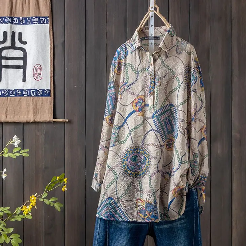 Бежевый Плюс размер Туника женская блузка с принтом ZANZEA Kaftan повседневные рубашки с длинным рукавом Blusas женский нагрудный топ с цветочным принтом Chemise - Цвет: Бежевый