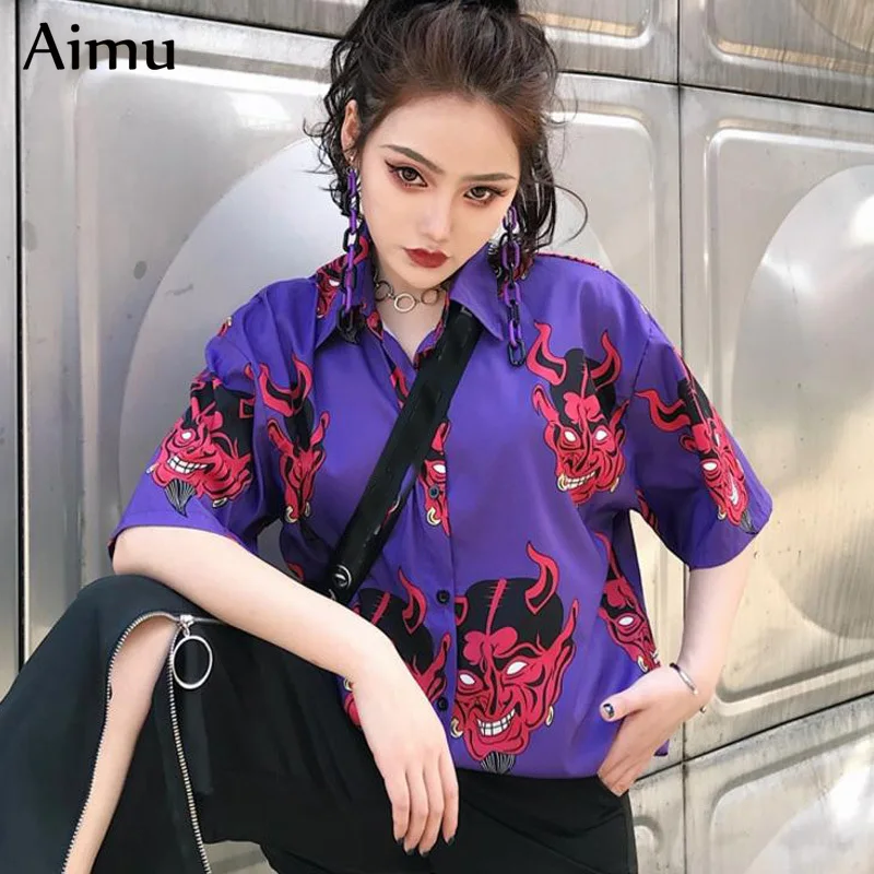 Harajuku рубашка blusas Женская ulzzang с длинным рукавом женская блузка srping Осень Свободный дьявол в готическом стиле с принтом Блузки корейские женские топы
