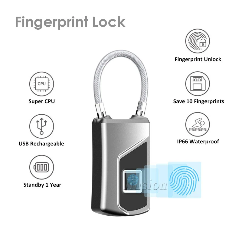 USB Rechargeable Smart Fingerprint Lock Keyless Home Anti-theft Security Padlock 