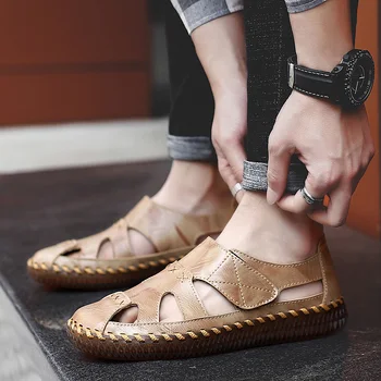 

Summer men Sandals Breathable genuine Leather Mens Shoes Casual Non-slip Sandals Soft Bottom Shoes Sandalias Hombre big szie 48