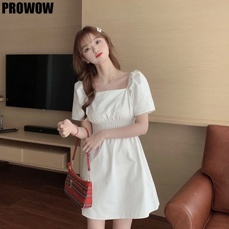 2020 Summer Ladies White Dress Korean Kawaii Elegant Beach Causal Sexy Square Collar Short Sleeve Dresses Women Vestidos