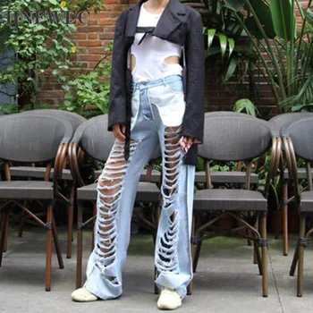 

2020 New Spring Autumn Light Blue Loose Big Hole Personality Long Wild Wide Leg Pants Jeans Women Fashion Tide L631