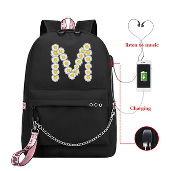 

2020 New Backpack Satchel Bag 26 English Alphabet Flower School Bags Women Fashion Shoulder Backpacks Bag Usb Charging Backbag