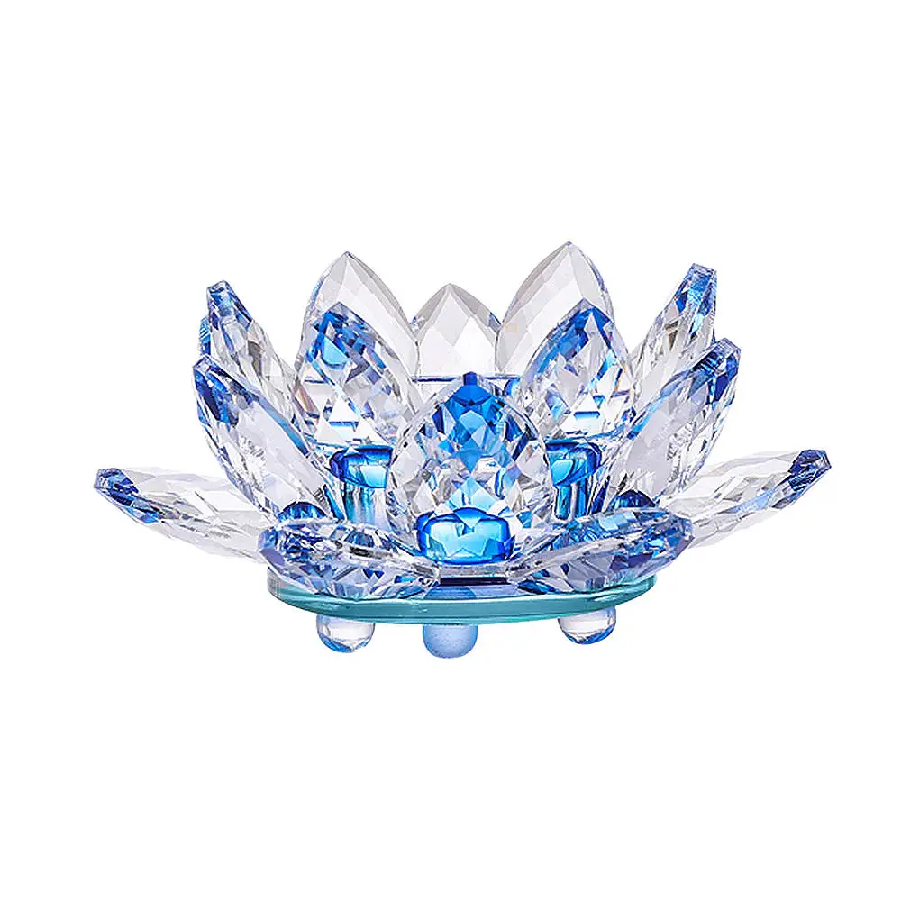 С разноцветными кристалами, Стекло цветок лотоса лампы в форме свечи Чай светильник держатель буддийские Свадебные бар вечерние Декор - Цвет: Небесно-голубой