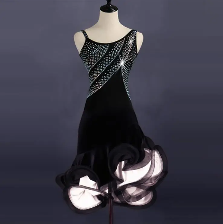 Sleeveless Velvet Bodice Halter Neck Latin Dance Dress Sparking Rumba Chacha Dancewear Adult Stage Show Costumes 3 Colors B0063