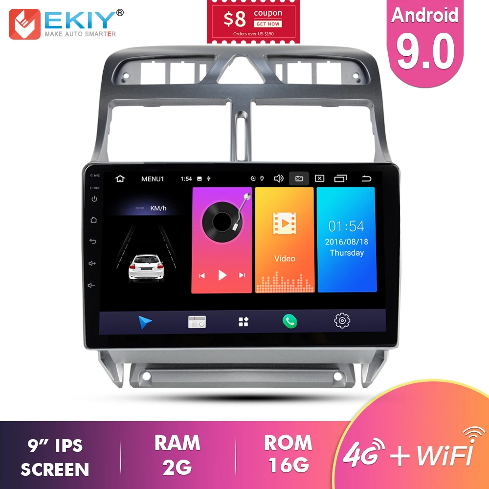  Ekiy 9'' IPS Android 9.0 Not 2 Din Car Multimedia Player AutoRadio Stereo For Peugeot 307 2004-2013