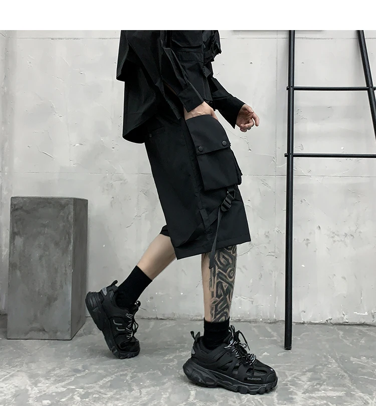 smart casual shorts mens Hip Hop Summer Shorts Men 2022 Black Ribbons Streetwear Bermuda Man Shorts Multi-pocket Punk Casual Knee Length Short Pants Men smart casual shorts