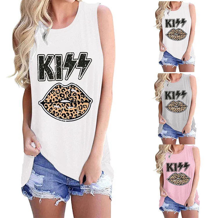 

Women's Round Neck Fashion Trend Loose Solid Color Ladies Vest Polyester Casual Loose Big Lip Printing Plus Size Sleeveless Top