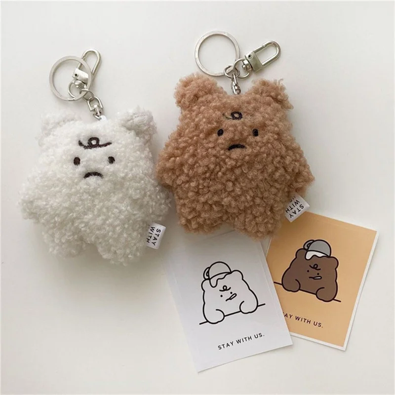 Cartoon Soft Animal Bear Doll Keychain Brown White Car Bag Accessories Cute Plush Men Women Couple Keyring Lover Pendant Lanyard new animal cable protector earphone wire cell phone usb charging cable joint anti break cute date cable bite holder accessories