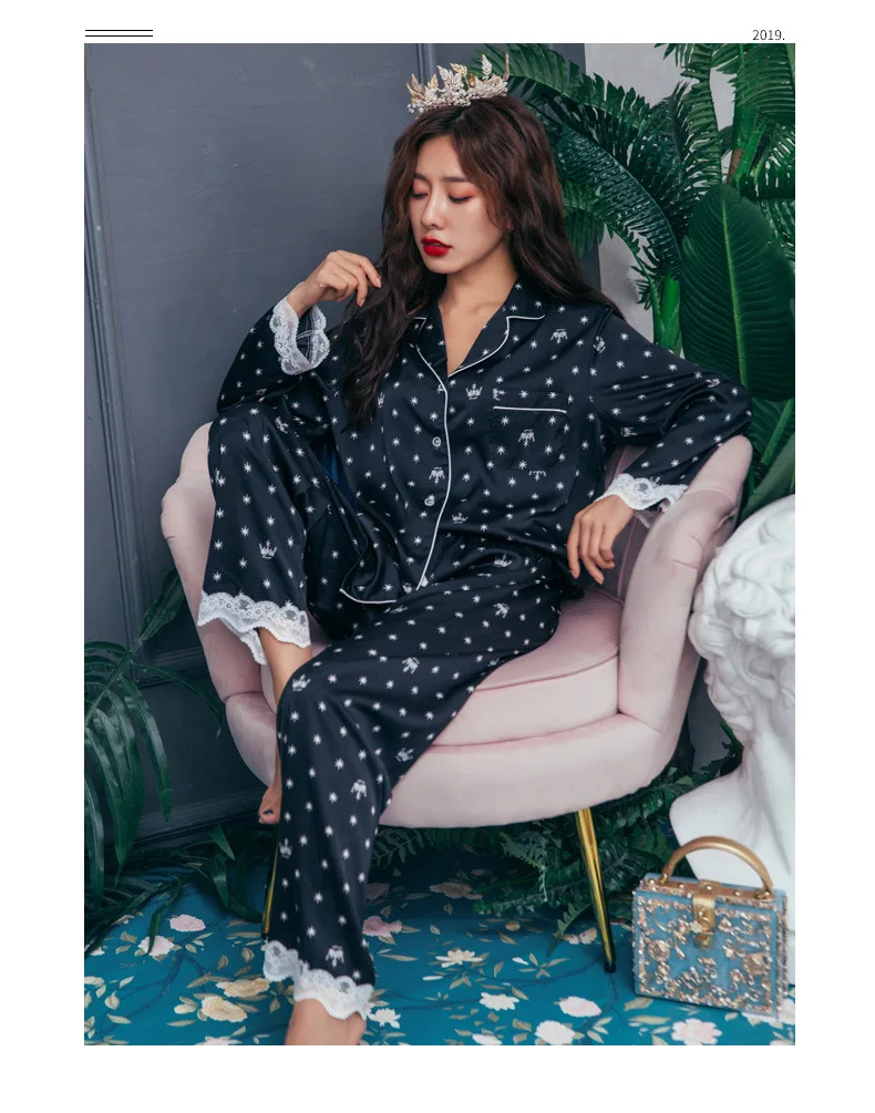 cute pajamas for women JULY'S SONG Satin Women's Pajamas Sets Lace Crown Star Print Elegant Sweet Lady Faux Silk Long Sleeve Summer Spring Sleepwear cotton pyjama set