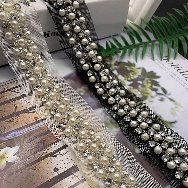 Apliques de vestido cristal con pedrería de 80cm, adorno de encaje 3D con cuentas de perlas, accesorios de tela de malla para ropa de artesanal, vestido de novia - AliExpress