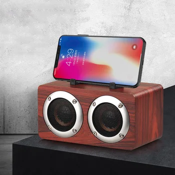

New Design Portable Wooden Wireless Bluetooth Loudspeaker Double Speaker Support TF Card AUX Audio Line Connection Phone Holder
