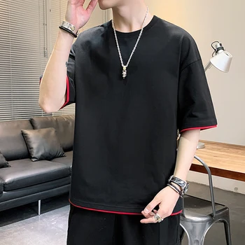 

T-shirt men's tops fashion Harajuku cotton short-sleeved couple casual streetwear large size five-point sleeves