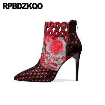 

ankle 9 pointed toe high heel designer shoes women luxury 2019 embroidered booties stiletto red extreme embroidery fetish boots