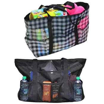 

Unisex Mesh Beach Pool Bag Top Zipper Large Capacity Oversized Foldable Handbag Towel Water Bottle Grocery Storage Shoulder Bag