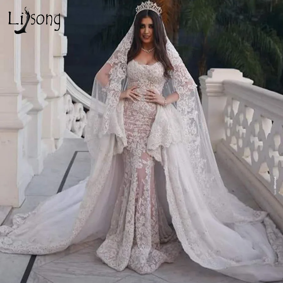 

Princess Muslim Lace Mermaid Wedding Dresses With Long Detachable Train 2020 Appliques Ruffles Vintage Bridal Gowns