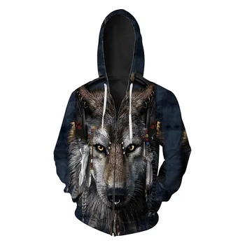 

Fall 2019 New Wolf Head Printed Hat Guard Fashion Zippered Men's Guard Men's Sweatshirts Printing Blouse hoodies
