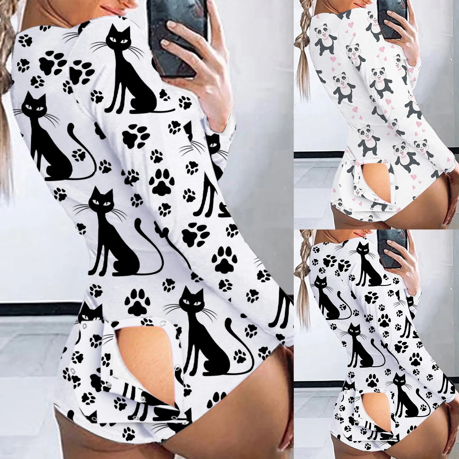 Body Sexy para mujer, estampado de gato, parte trasera, solapa frontal, manga larga, pijama de jugar, pijama, mono de mujer