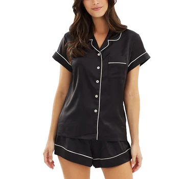 

Women Satin Silk Short Sleeve Button-Down Sleepwear Turn-down Collar Loungewear with Pocket Casual Outfits