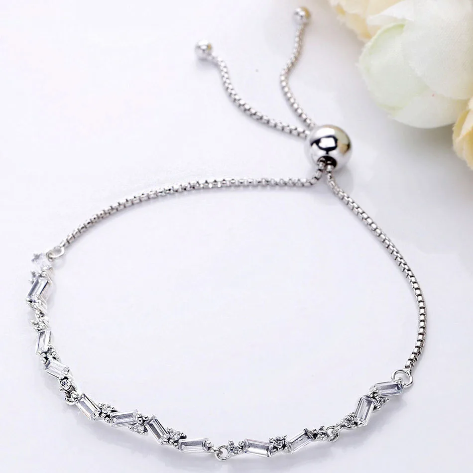 

New 925 Sterling Silver BraceletGlacial Beauty Sliding With Crystal Adjust Bracelet Bangle Fit Bead Charm Diy Fine Jewelry