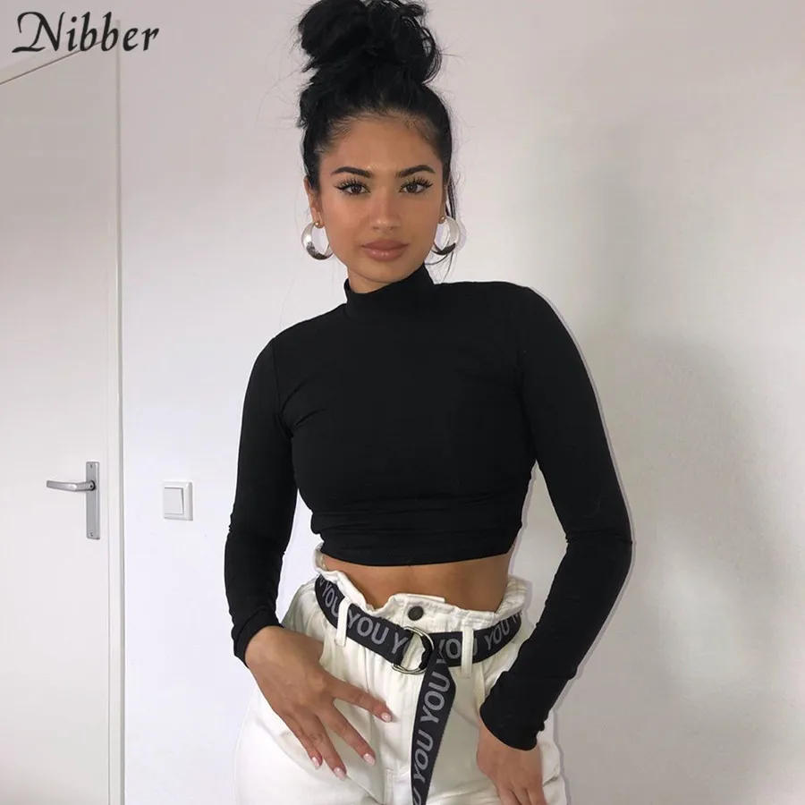 NIBBER street style sexy backless hollow out Bandage top slim turtleneck t-shirt crop top2019autumn  trend full sleeve tee femme