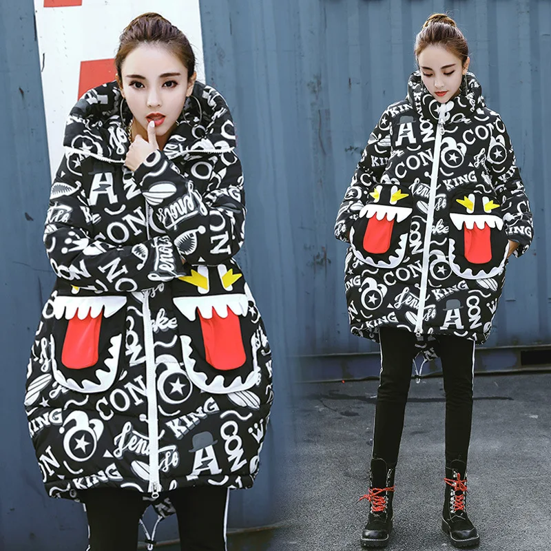 

Youthful and energetic street personality cartoon graffiti women's cotton long hooded girls winter thick warm down jacket