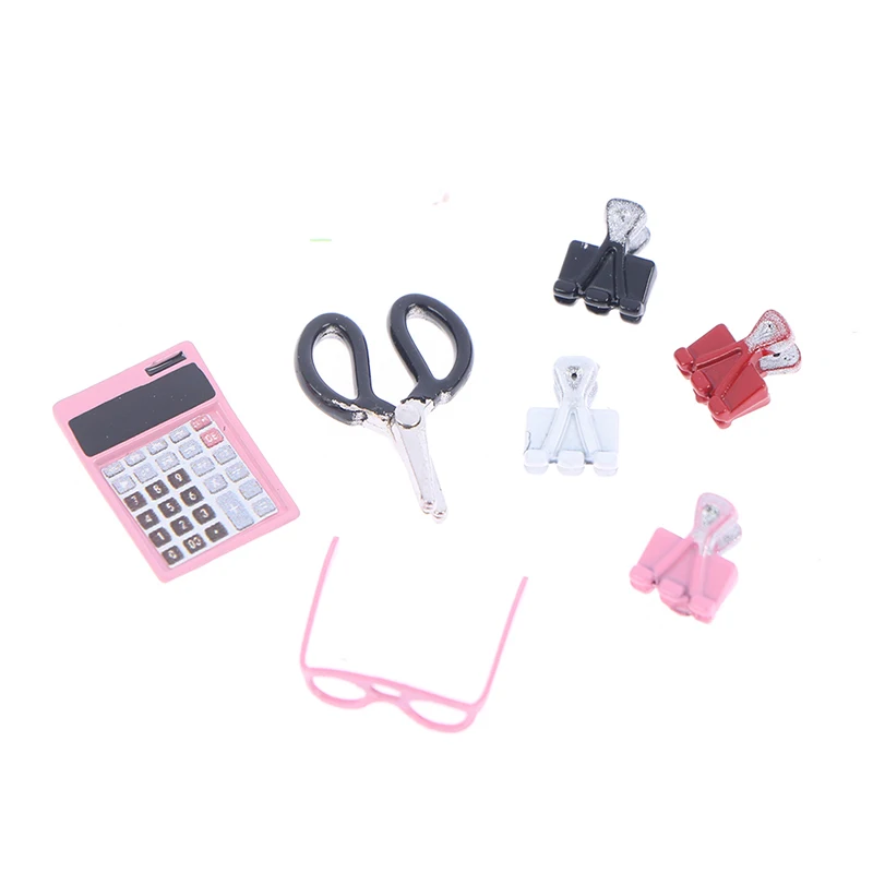 1:12 Dollhouse Miniature Office Supplies Set Tiny Scissors 1/12 Realistic  Mini Calculator Tiny Doll Stapler Mini Paper Clips 
