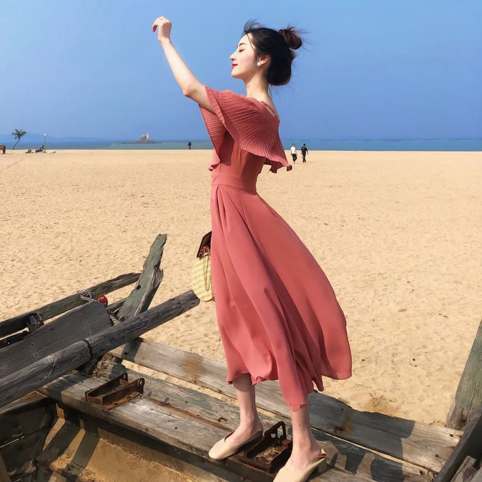 

Photo Shoot A- line off-Shoulder Platycodon Grandiflorum First Love Skirt INS Sweet Watermelon Red Pleated Fairy Camisole Waist