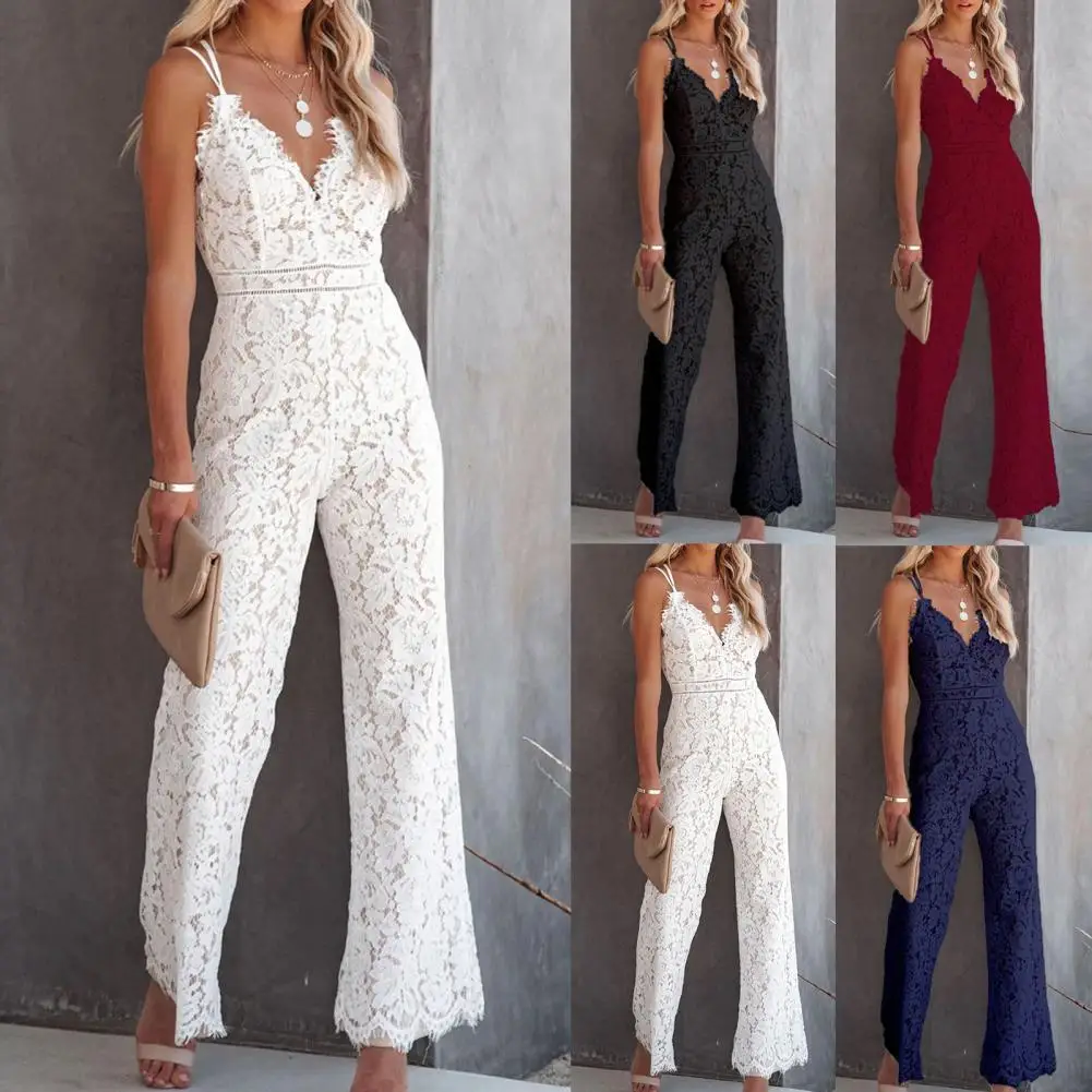 

Solid Lace Jumpsuits Women Sleeveless Romper High Waist V-Neck Wide Leg Playsuits and Jumpsuit Women bodysuit Combinaison femme